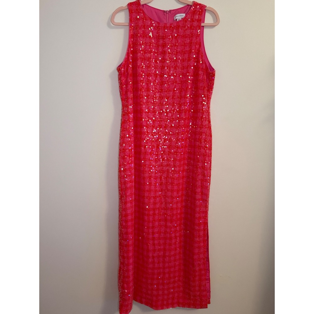 Warehouse Pink Gingham Sequin Side Slit Maxi Dress Sleeveless Red Check US 12